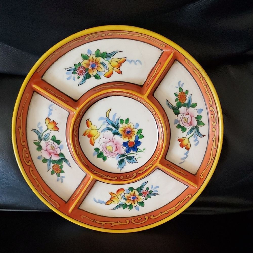 Vintage Hand Painted Japan Floral Divided Relish Tray | Cottagecore Floral Dish